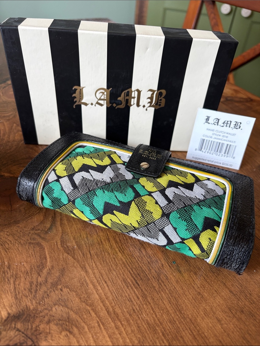 L.A.M.B Black Trim Wallet with Green, Teal and Yellow Logo Print